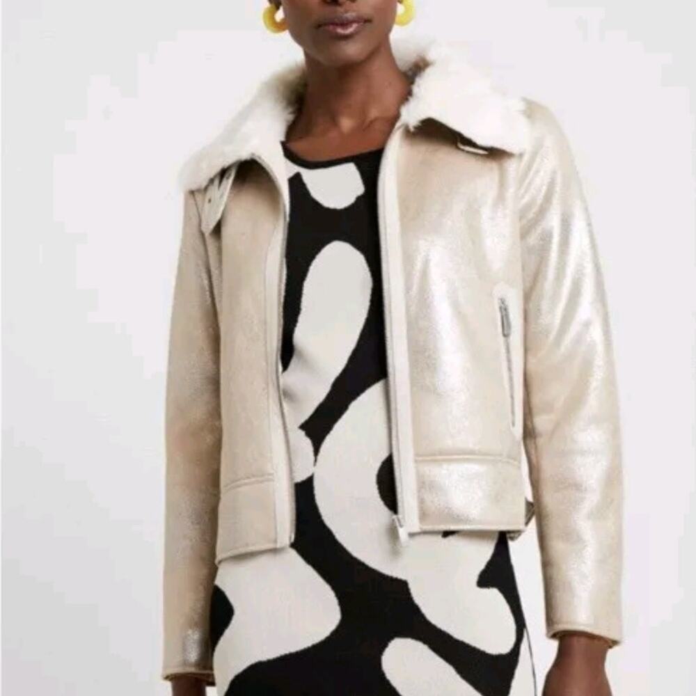 Desigual Glitter Effect Faux Leather Sherling Bomber Jacket 38‎ S Ivory Gold